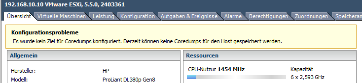 Es wurde kein Ziel für Coredumps konfiguriert. Derzeit können keine coredumps für den Host gespeichert werden