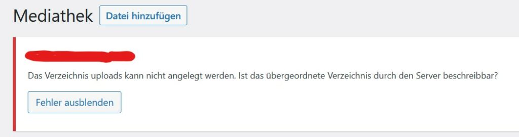 Screenshot: Das Verzeichnis uploads kann nicht angelegt werden. Ist das übergeordnete Verzeichnis durch den Server beschreibbar?